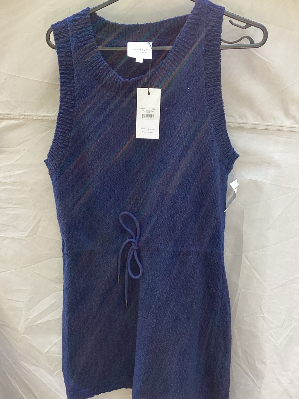 sundays Navy Textured Knit Sleeveless Drawstring Mini Dress